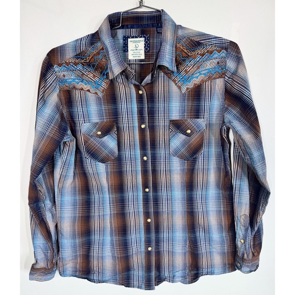 Panhandle Slim Embroidered Pearl Snap Up Shirt Women's L Roll Tab Sleeve Western